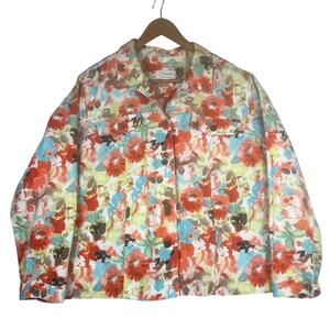 CJ Banks Size 1X Floral Print Shirt Jacket Linen Cotton Blend Shacket
